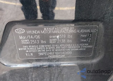 2006 Hyundai Sonata Gls V6/Lx V6 z USA, uszkodzony, nr VIN 5NPEU46F16H140499